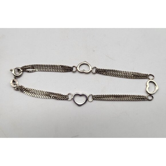 Sterling Silver 925 India Multi Strand Curb Chain Bracelet with Cutout Hearts - Picture 2 of 8